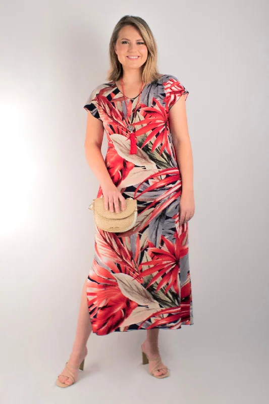 Magnolia Print Short Sleeve Jersey Maxi Dress Stylish One-Shoulder Maxi Dress