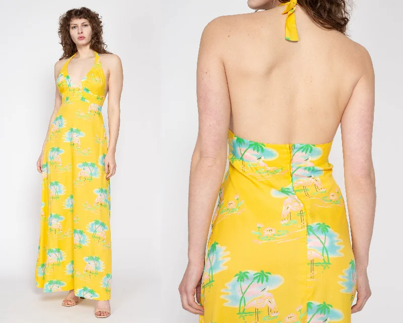 Medium 70s Yellow Flamingo & Palm Tree Print Halter Maxi Dress Stylish Longline Maxi Dress