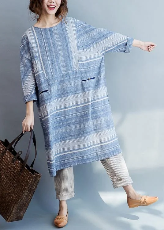 Modern Blue Striped Cotton Pockets Summer Maxi Dresses Elegant Maxi Dress with Slit