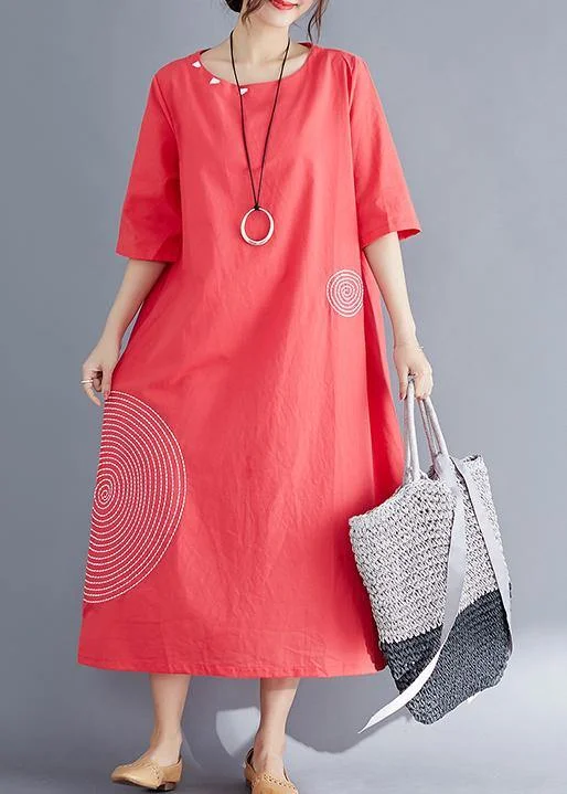 Modern o neck embroidery cotton tunic top Vintage Work Outfits red Maxi Dresses Summer Trendy Printed Maxi Dress