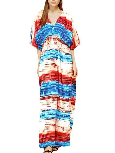 Multicolored Tie Dye Print Kaftan Maxi Dress Cozy Spaghetti Strap Maxi Dress