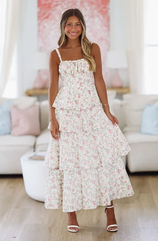 New Beginnings Maxi Dress - Cream and Pink Elegant Tiered Maxi Dress