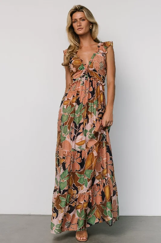 Nylah Back Tie Maxi Dress | Mocha Multi Comfortable Fitted Maxi Dress