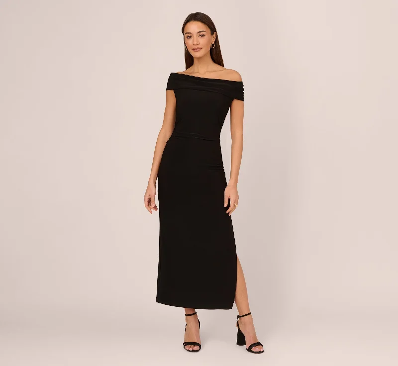 Off The Shoulder Jersey Maxi Dress In Black Trendy Printed Maxi Dress