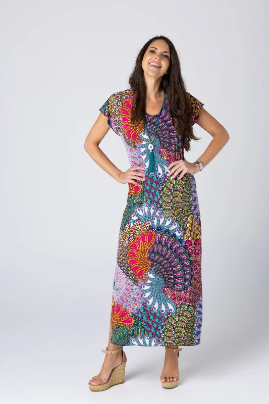 Peacock Print Short Sleeve Jersey Maxi Dress Comfortable Casual Maxi Dress