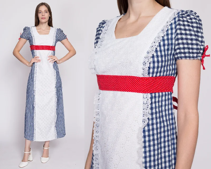 Petite Small 60s Gingham Prairie Maxi Dress Comfortable Maxi Dress with Belt