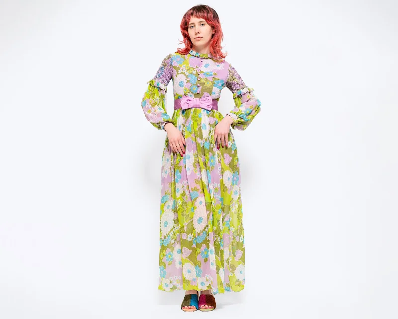 Petite XS 60s Boho Green & Lilac Floral Folk Maxi Dress Comfortable Fit-and-Flare Maxi Dress