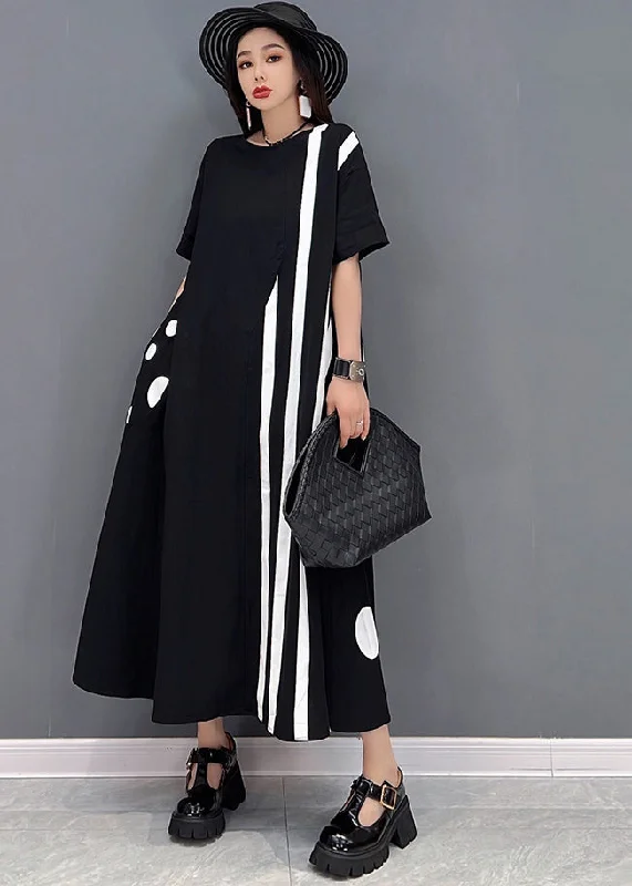 Plus Size Black O-Neck Asymmetrical Cotton Maxi Dresses Short Sleeve Elegant Pleated Maxi Dress