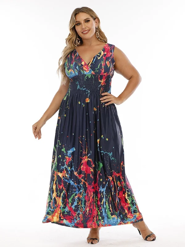 KittenAlarm - Plus Size Double V-neck Print Smocked Waist Maxi Dress Trendy Short Sleeve Maxi Dress