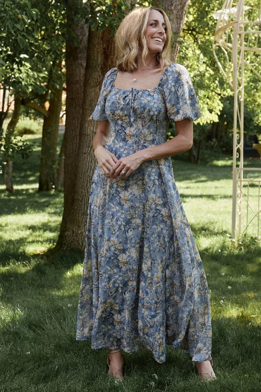 Raelynn Maxi Dress | Dusty Blue Floral Elegant Velvet Maxi Dress