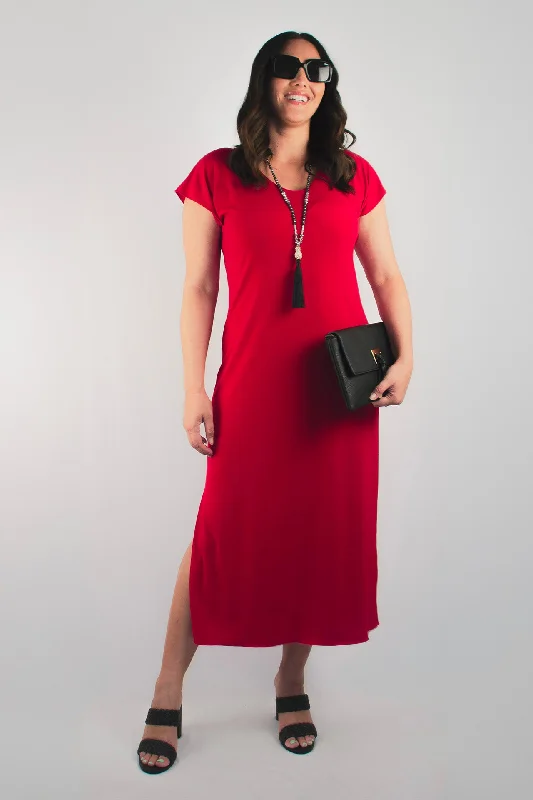 Sassy Red Short Sleeve Jersey Maxi Dress Elegant Lace-Up Maxi Dress