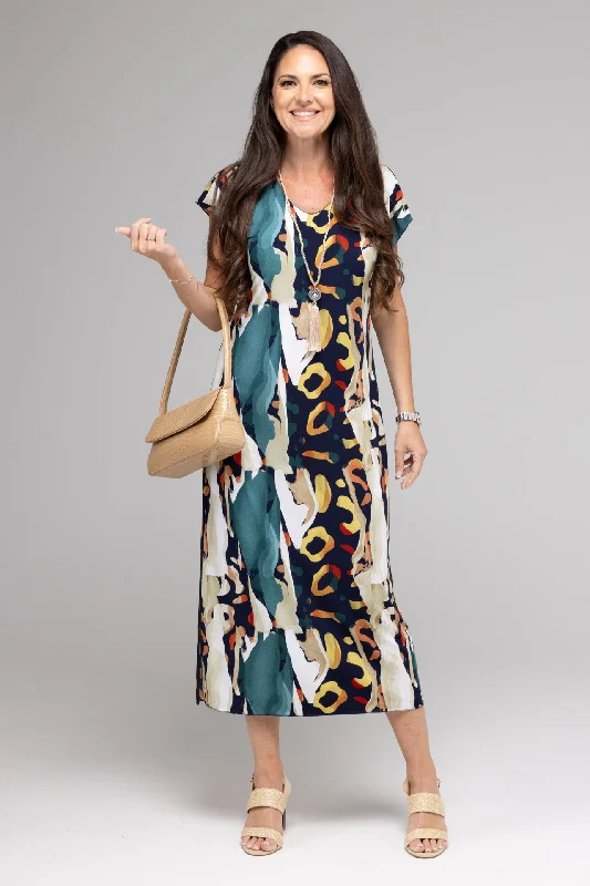 Scramble Print Short Sleeve Jersey Maxi Dress Fashionable Off-Shoulder Maxi Dress