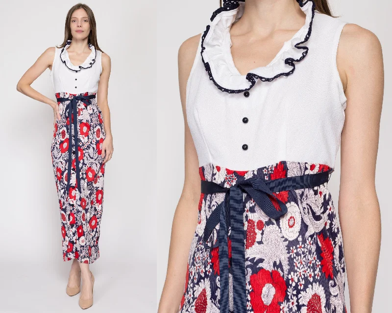 Sm-Med 60s Red White & Blue Floral Maxi Dress Elegant Tiered Maxi Dress