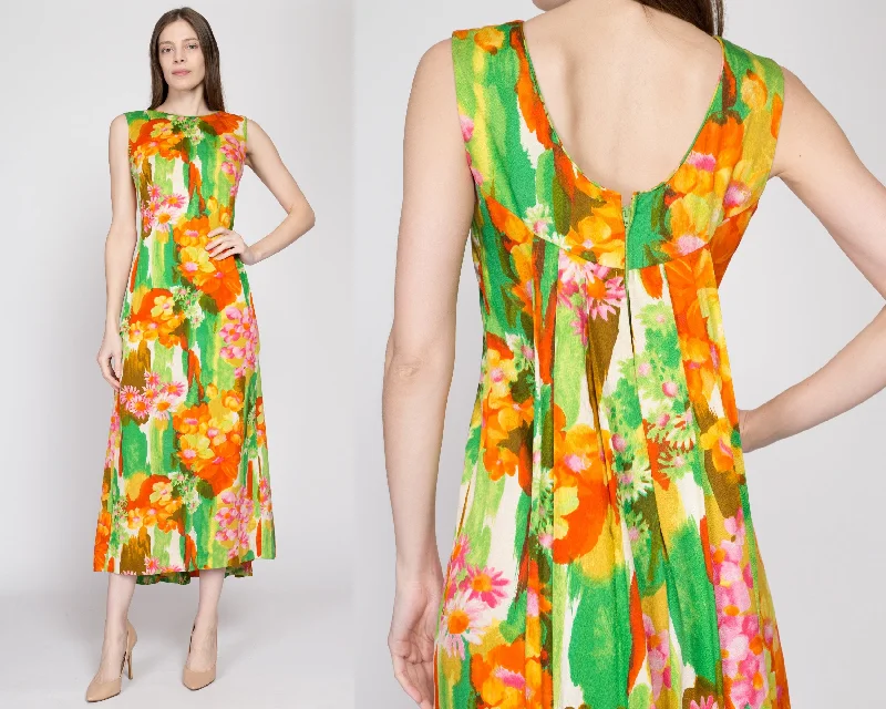 Small 60s Kaanapali Hawaiian Floral Watteau Maxi Dress Elegant Maxi Dress with Pockets