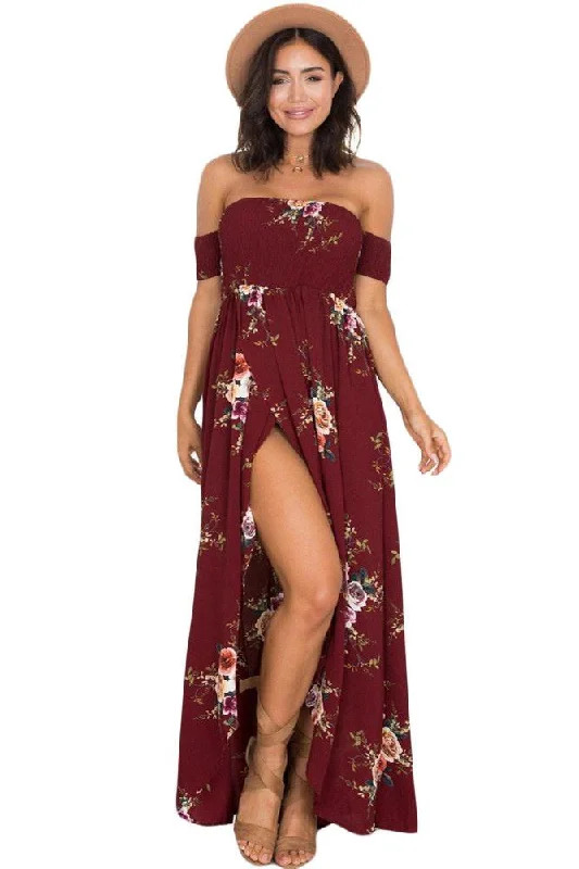 Smoked Off Shoulder Burgundy Floral Maxi Dress Comfortable Ruffle Hem Maxi Dress