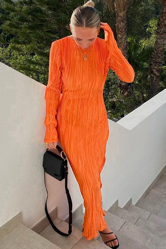 TastyHottie - Solid Color Crew Neck Pleated Maxi Dress Comfortable T-Shirt Maxi Dress