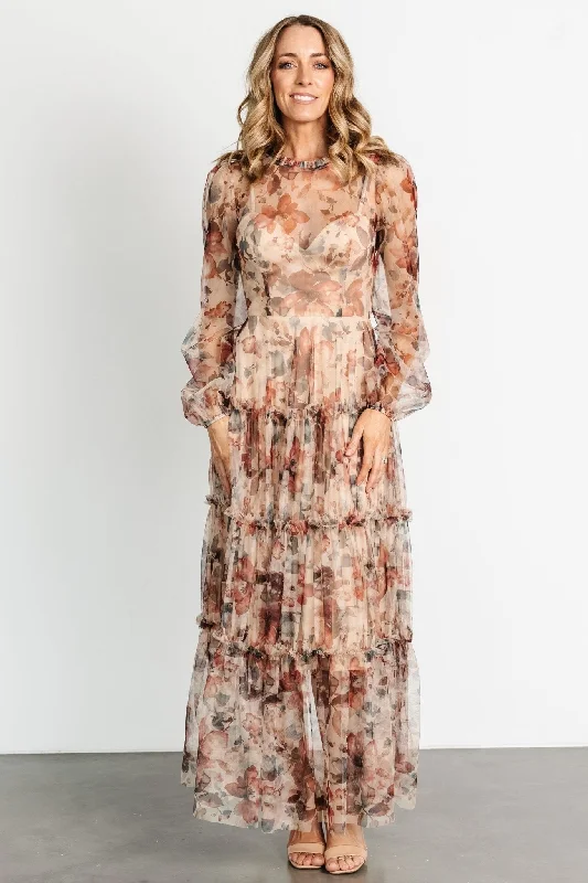 Stephanie Tiered Maxi Dress | Taupe Floral Stylish Longline Maxi Dress