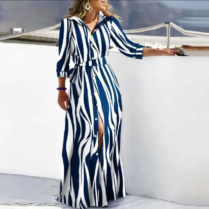 Striped Print Maxi Dress for Women Elegant Pleated Maxi Dress