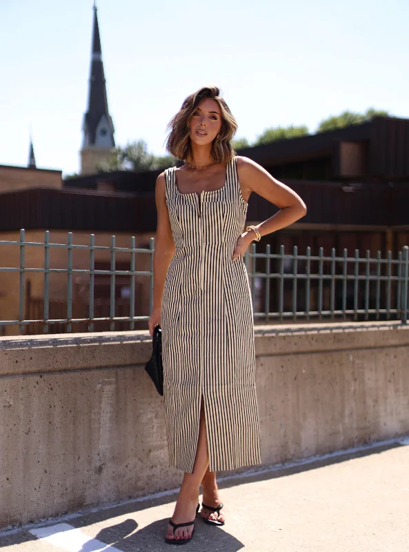 Striped Twill Maxi Dress Elegant Pleated Maxi Dress