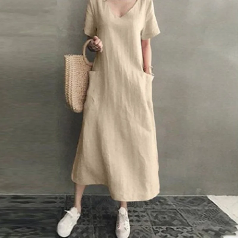 Summer Casual Linen Pocket Maxi Dress Comfortable Casual Maxi Dress