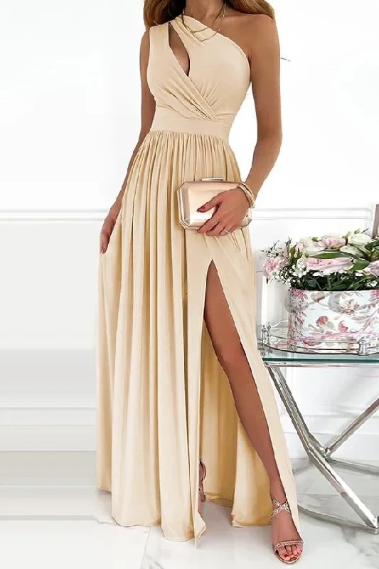 Solid One Shoulder Trendy Party/Elegant Maxi Dress Comfortable Ruffle Maxi Dress