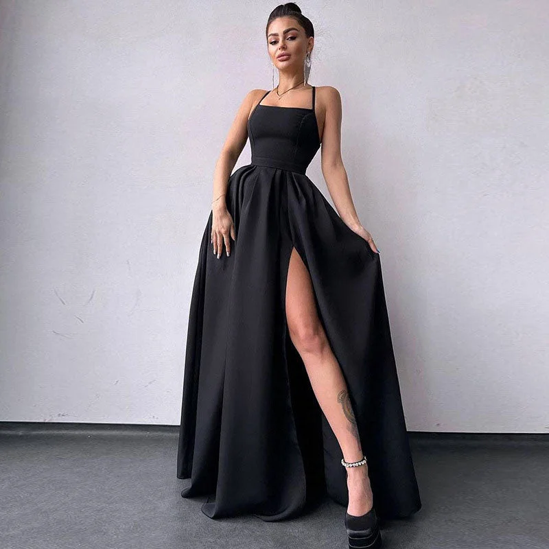 Solid Color High Trendy Slit Maxi Dress Trendy Satin Maxi Dress