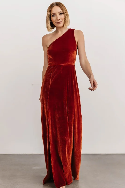 Tatiana Velvet One Shoulder Maxi Dress | Rust Cozy Ribbed Maxi Dress