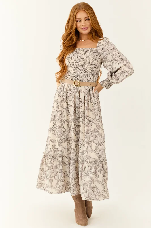 Vanilla Floral Print Square Neck Maxi Dress Fashionable Chiffon Maxi Dress