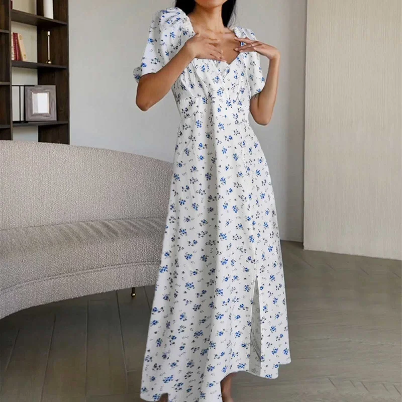 Vintage Floral Print Chiffon Maxi Dress Elegant Maxi Dress with Ruffles