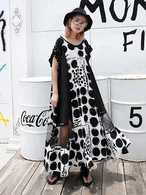 Vivid black dotted cotton Long Shirts o neck patchwork Maxi Dresses Elegant Sleeveless Maxi Dress