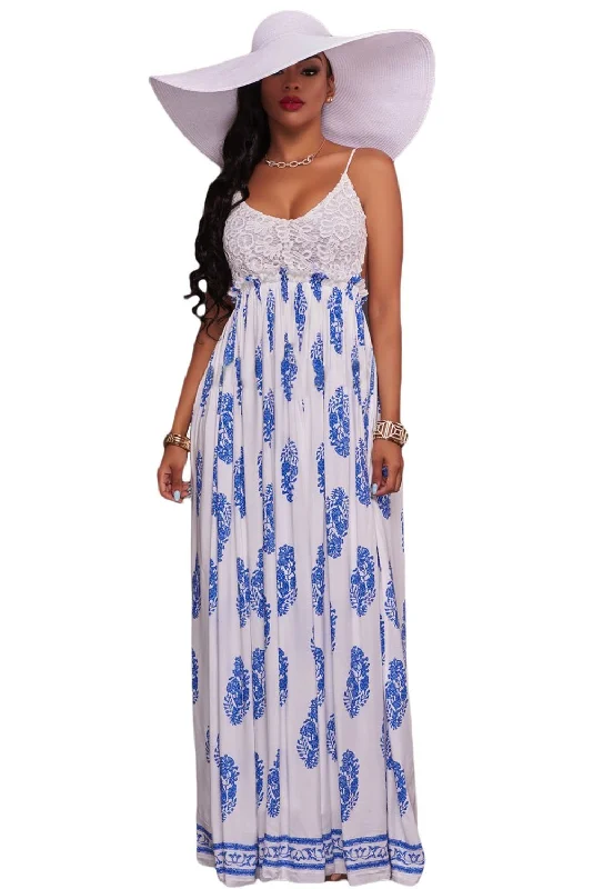 White Blue Print Open Back Maxi Dress Stylish One-Shoulder Maxi Dress