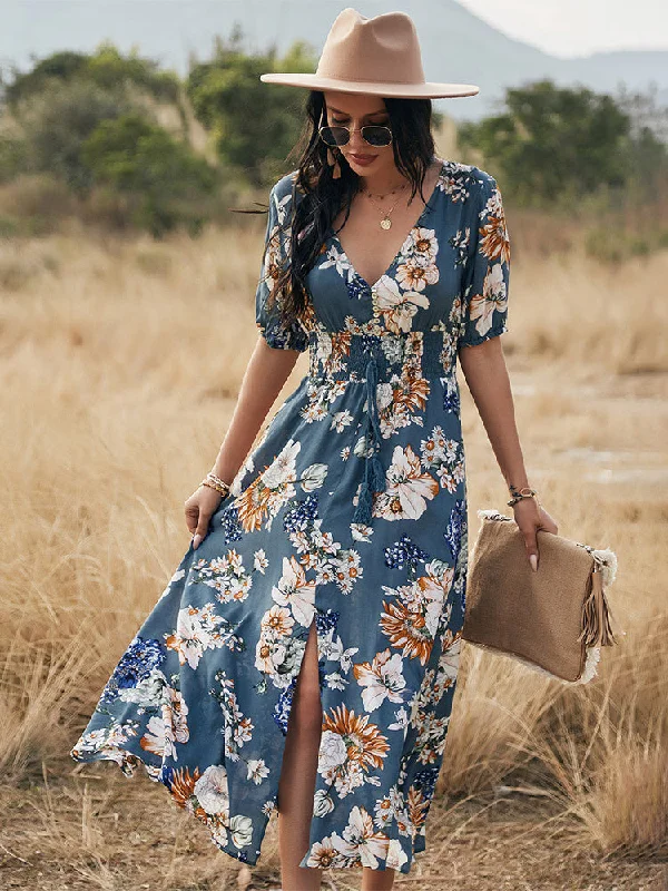 Women V-Neck Short Sleeve Bandage High Waist Print Maxi Dresses Stylish Maxi Dress with Frills