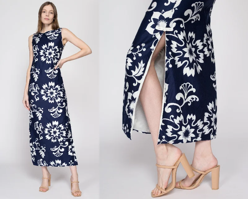 XS 60s Hawaiian Navy Blue Floral Maxi Dress Elegant Silk Maxi Dress