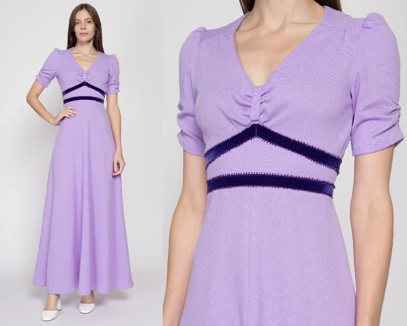 XS 60s Lilac Purple Puff Sleeve Maxi Dress Stylish Maxi Dress with Pleats