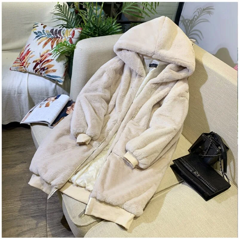 Getadme-Casual Hoodies Furry Thick Warm Long Faux Rabbit Fur Jacket Faux Fur Coat Women Loose Winter Coat Women Hoodie Jacket Zipper Layering