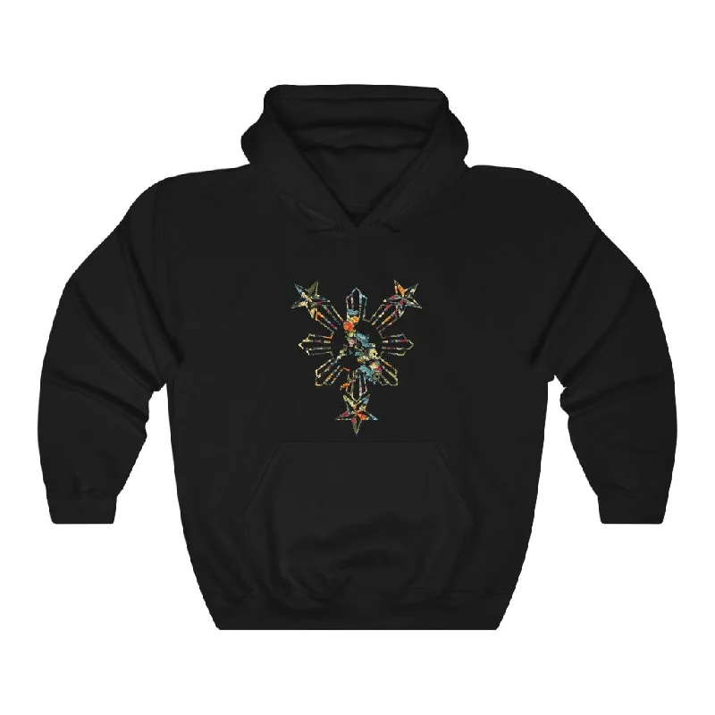 3 Star and Sun Floral Unisex Heavy Blend™ Hooded Sweatshirt Hoodie with Mock Neck Collared Structured