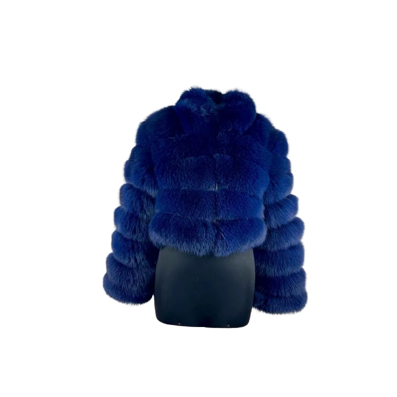 Women's Royal Blue  Cropped Fox Fur Jacket Style # 3400 Satin Jacket Silk Jacket Chiffon Jacket