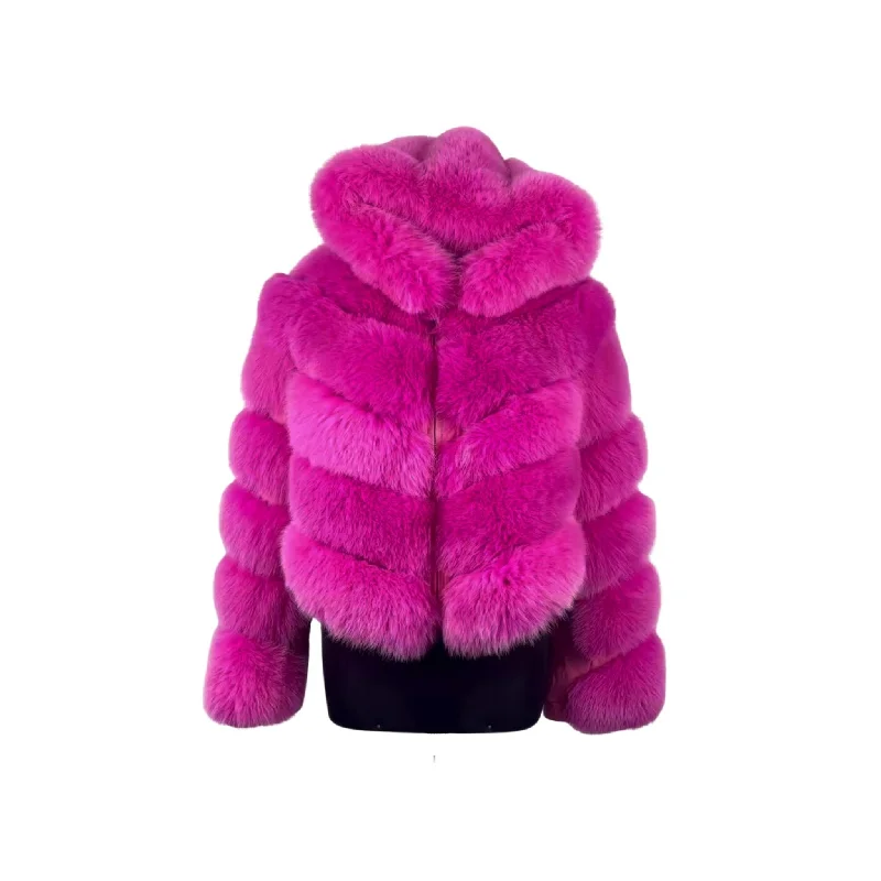 Women's Hot Pink Fox Jacket with Zipper off Sleeves and Hood Style # 38 Collared Jacket Crew Neck Jacket Turtle Neck Jacket