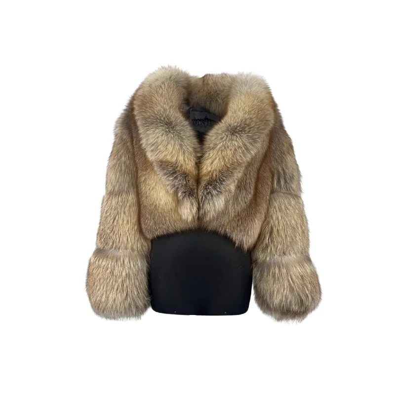 Women's Cropped Crystal Fox Fur Jacket Style # 6001 Lace Jacket Ribbed Jacket Sequined Jacket