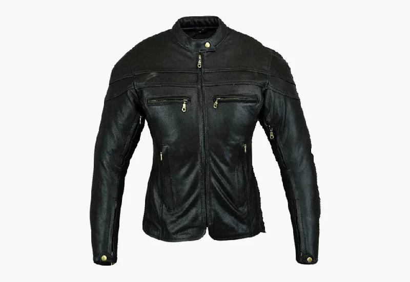 BGA Sturgis Women Leather Motorcycle Jacket Black Elasticated Jacket Padded Jacket Insulated Jacket