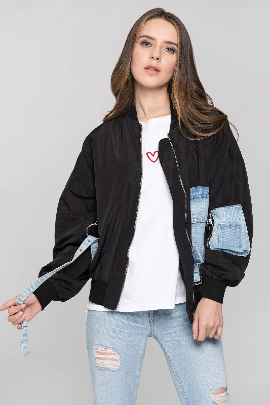 Black and Denim Panel Bomber Jacket Print Jacket Jacquard Jacket Embroidered Jacket