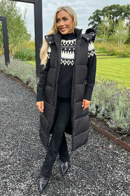 Black Faux Fur Hooded Longline Padded Gilet Hoodie with Cropped Fit Short Trendy