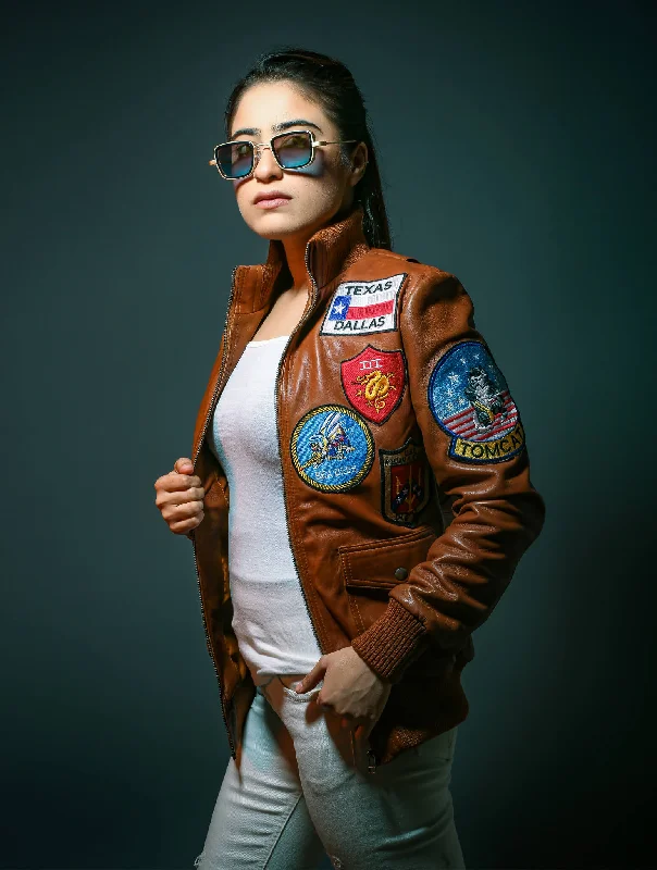 Womens Aircraft Patches Brown Leather Jacket Cardigan Sweater Pullover