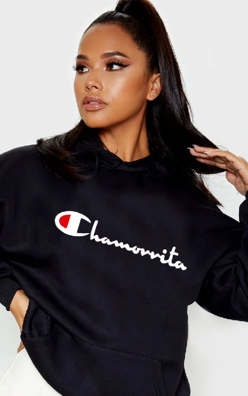 Chamorrita Script Hoody Hoodie with Batwing Sleeves Loose Dramatic