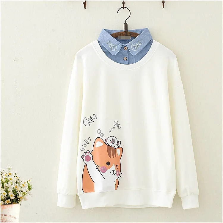 College cat print sweatshirt YV44486 Hoodie with Button Classic Timeless