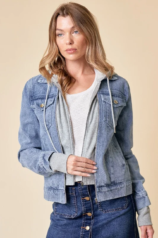 Compelling Story Denim Hoodie Jacket Welt Pockets Slit Pockets Flap Pockets