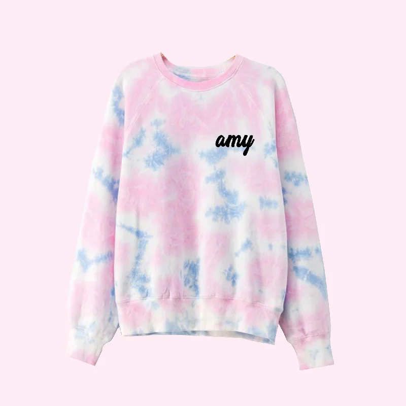 Custom Text Pink and Blue Tie Dye Sweatshirt Hoodie with Stripes Bold Sporty