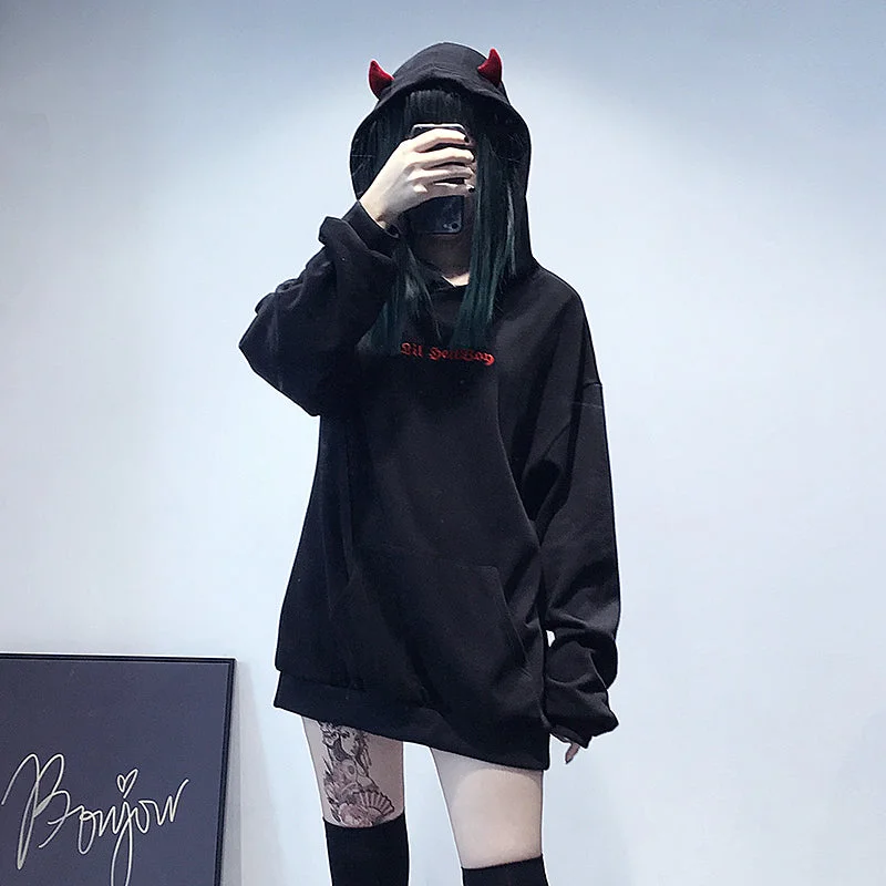 Devil Black Hoodie YV41107 Hoodie with High-Low Hem Asymmetrical Trendy