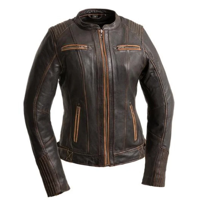 First Manufacturing Electra - Women's Leather Motorcycle Jacket, Distressed Brown Mesh Jacket Canvas Jacket Denim Jacket