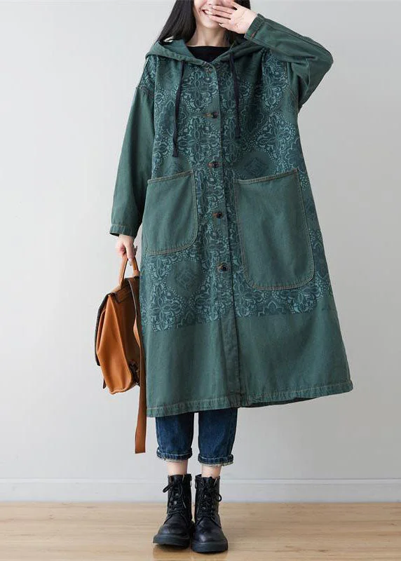 French Green Patchwork Print Denim Hoodies Outwear Spring Hoodie with Belted Waist Structured Tailored